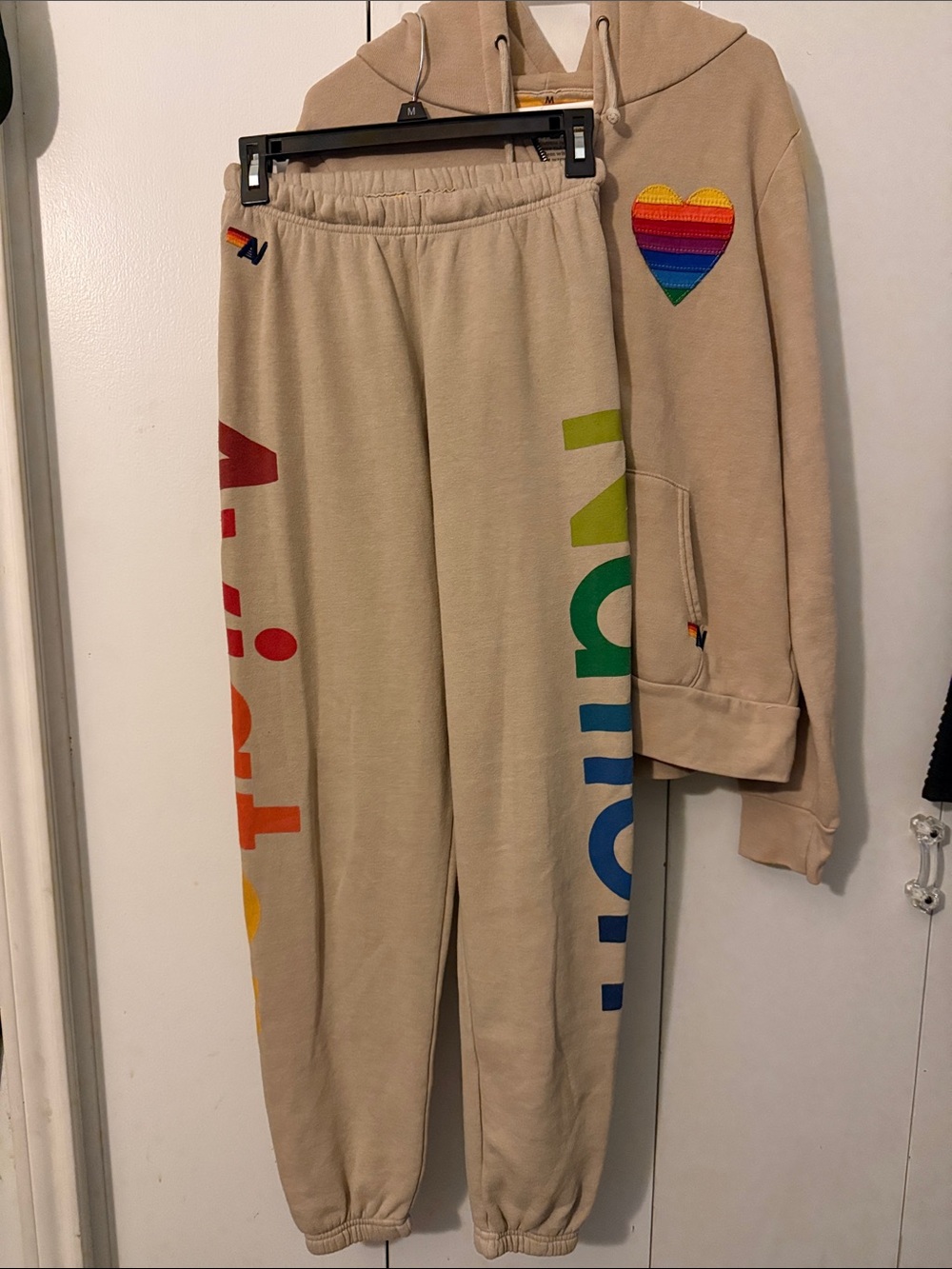 Aviator Nation Beige Jogger/hoodie SET with Rainbow Lettering